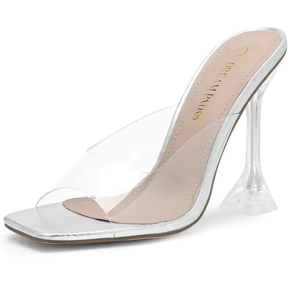 DREAM PAIRS Women Clear Heel Square Toe Stilettos Mule Slip On Heel Sandals
